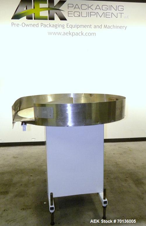 Used Accumulation Table. 48" Diameter plastic table, 5-1/2" tall stainless steel sides, aluminum divider. Driven by a 1/4hp, 1/60/115/208-230 volt, 1725 rpm gear motor. Mounted on a carbon steel base...