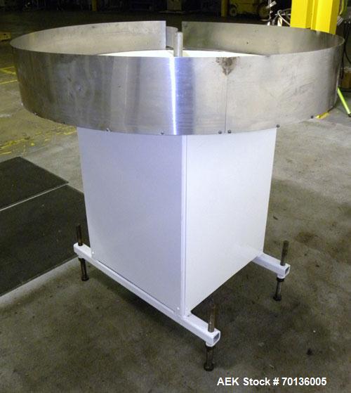 Used Accumulation Table. 48" Diameter plastic table, 5-1/2" tall stainless steel sides, aluminum divider. Driven by a 1/4hp, 1/60/115/208-230 volt, 1725 rpm gear motor. Mounted on a carbon steel base...