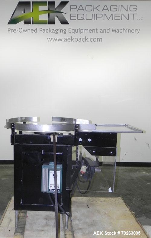 Used Production Equipment Rotary Accumulation Table, 30" Diameter, Stainless Steel. 2" Tall side rails. Driven by a 1/4 hp, 90 volt, 1750 rpm DC gear motor, ratio 40 to 1. Mounted on an carbon steel ...