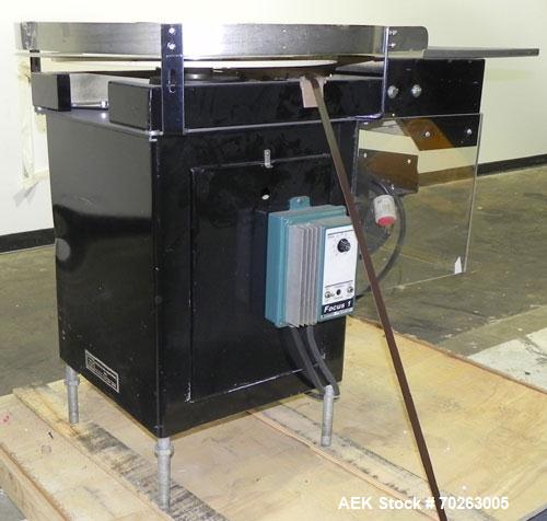 Used Production Equipment Rotary Accumulation Table, 30" Diameter, Stainless Steel. 2" Tall side rails. Driven by a 1/4 hp, 90 volt, 1750 rpm DC gear motor, ratio 40 to 1. Mounted on an carbon steel ...