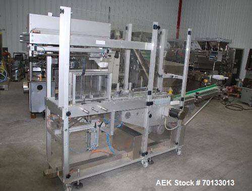 Used Pester Overwrapper wth heat tunnel, model Pewo-Pack-450. Output capacity is approximately 12 packs/minute. PE film width 17.7" (450 mm), maximum pack length 7.9" (200 mm), width 15.8" (400 mm), ...