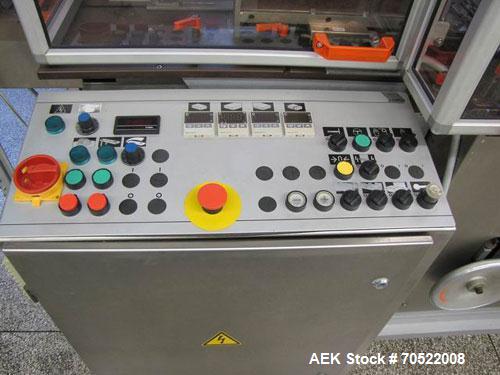 Used Sollas 17H125 Overwrapping Machine.  Used for all hot sealing oils, PP/PVC/PE/cellophane.  Formate area length 1.7" - 11.8" (45 - 300 mm), width 1.6" - 7.45" (40 - 190 mm), height 0.6 - 4.9" (16...