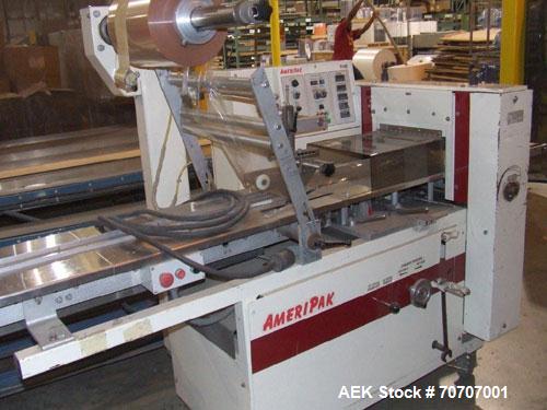 Used Ameripak Model 140S Horizontal Wrapper capable of speeds up to 100 feet per minute. Printed Film Registered Wrapper is convertible with modular fin seal assemblies for either shrink or supported...