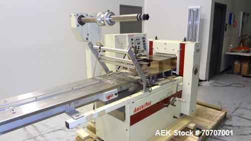Used Ameripak Model 140S Horizontal Wrapper capable of speeds up to 100 feet per minute. Printed Film Registered Wrapper is convertible with modular fin seal assemblies for either shrink or supported...