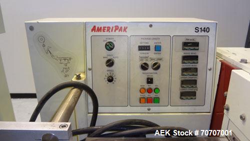 Used Ameripak Model 140S Horizontal Wrapper capable of speeds up to 100 feet per minute. Printed Film Registered Wrapper is convertible with modular fin seal assemblies for either shrink or supported...