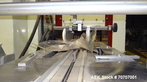Used Ameripak Model 140S Horizontal Wrapper capable of speeds up to 100 feet per minute. Printed Film Registered Wrapper is convertible with modular fin seal assemblies for either shrink or supported...