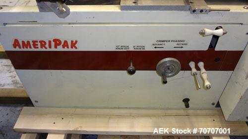 Used Ameripak Model 140S Horizontal Wrapper capable of speeds up to 100 feet per minute. Printed Film Registered Wrapper is convertible with modular fin seal assemblies for either shrink or supported...