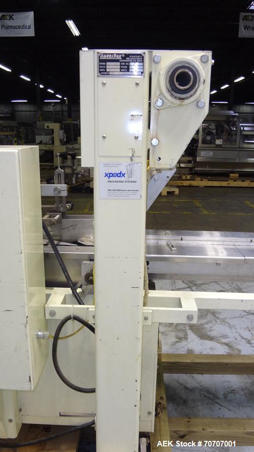 Used Ameripak Model 140S Horizontal Wrapper capable of speeds up to 100 feet per minute. Printed Film Registered Wrapper is convertible with modular fin seal assemblies for either shrink or supported...