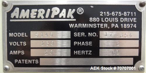 Used Ameripak Model 140S Horizontal Wrapper capable of speeds up to 100 feet per minute. Printed Film Registered Wrapper is convertible with modular fin seal assemblies for either shrink or supported...