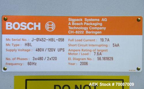 Used Bosch Sigpack HBL Horizontal Flow Wrapper. Capable of speeds up to 200 packages per minute. Machine has a package size range of: length 50 to 300mm, width up to 120mm, height up to 60mm. Has a m...