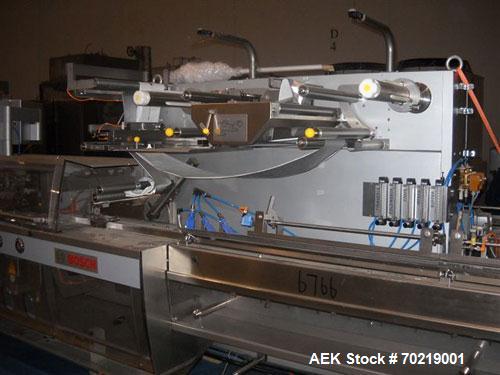 Used Bosch Sigpack HSL Hermetical Seal, Long Dwell horizontal wrapper capable of speeds up to 350 packages per minute. Package size range: (Length) 50mm to 300mm (Width) up to 120mm (Height) up to 60...