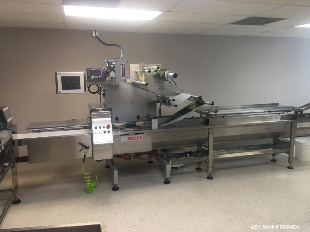 Used Bosch Horizontal Flow Wrapper, Model Pack 201. Machine is rated for speeds up to 450 packages per minute (depending on package size and changeparts). Has a size range of: 40 mm (1.5") to 565 mm ...