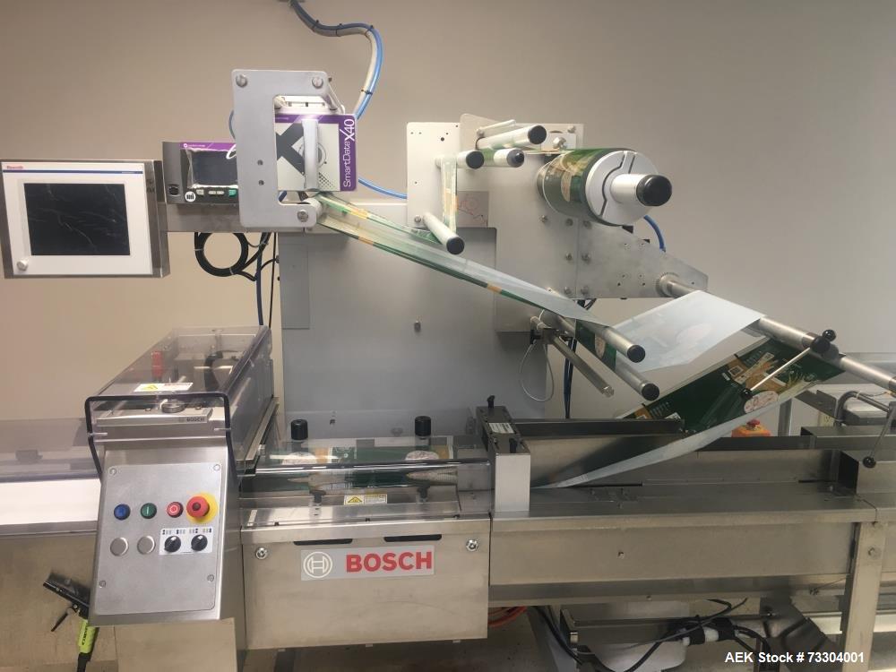 Used Bosch Horizontal Flow Wrapper, Model Pack 201. Machine is rated for speeds up to 450 packages per minute (depending on package size and changeparts). Has a size range of: 40 mm (1.5") to 565 mm ...