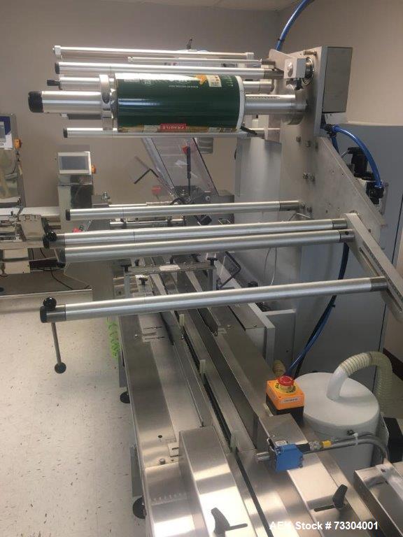 Used Bosch Horizontal Flow Wrapper, Model Pack 201. Machine is rated for speeds up to 450 packages per minute (depending on package size and changeparts). Has a size range of: 40 mm (1.5") to 565 mm ...