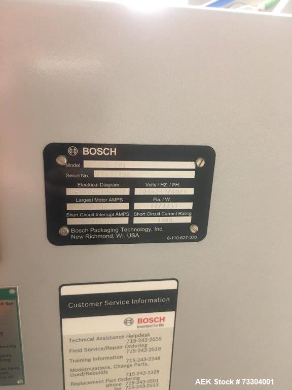 Used Bosch Horizontal Flow Wrapper, Model Pack 201. Machine is rated for speeds up to 450 packages per minute (depending on package size and changeparts). Has a size range of: 40 mm (1.5") to 565 mm ...