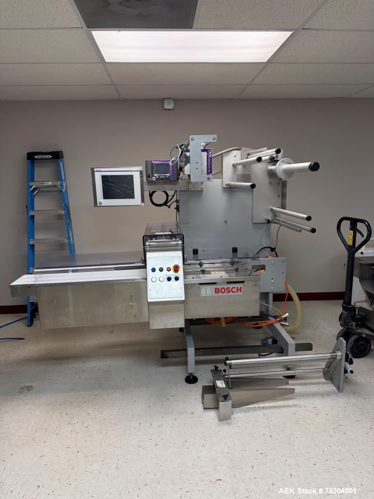 Used Bosch Horizontal Flow Wrapper, Model Pack 201. Machine is rated for speeds up to 450 packages per minute (depending on package size and changeparts). Has a size range of: 40 mm (1.5") to 565 mm ...