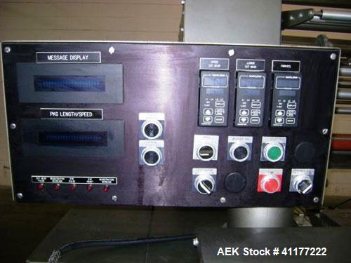 Used Doboy Horizontal Wrapper, Model J. Capable of speeds over 200 packages per minute. Has extended height seal, side belt product infeed belts, film registration, 1 up sealing head 8" wide and has ...