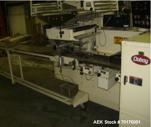 Used Doboy Model J Horizontal Wrapper capable of speeds over 200 packages per minute. Film registration, 1 up sealing head 12" with seal jaws, 10' long lugged chain infeed on 11-1/2" centers. Has pri...