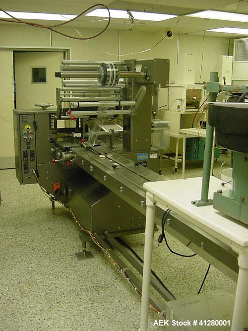 Used Doboy Mustang IV Horizontal Wrapper capable of speeds up to 150 cpm. 2 up unit with Markem 9820 hot stamp coder. Package size range up to 6-1/2" wide x 2" high. Has 7-1/2" wide crimp seal jaws. ...