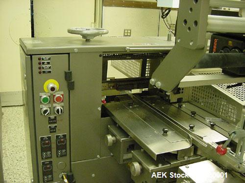 Used Doboy Mustang IV Horizontal Wrapper capable of speeds up to 150 cpm. 2 up unit with Markem 9820 hot stamp coder. Package size range up to 6-1/2" wide x 2" high. Has 7-1/2" wide crimp seal jaws. ...