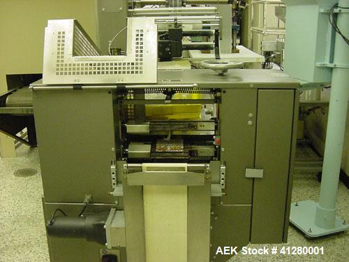 Used Doboy Mustang IV Horizontal Wrapper capable of speeds up to 150 cpm. 2 up unit with Markem 9820 hot stamp coder. Package size range up to 6-1/2" wide x 2" high. Has 7-1/2" wide crimp seal jaws. ...