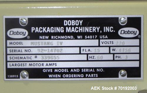 Used Doboy Model Mustang IV Horizontal Wrapper. Machine is capable of speeds up to 90 cpm. 1 up unit withh film registration andArgus bar code scanner. Package size range: length up to 15", height up...