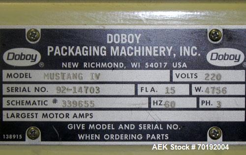 Used Doboy Mustang IV Horizontal Wrapper. Machine is capable of speeds up to 150 cpm. 1 up unit with film registration andArgus bar code scanner. Package size range: length up to 15", height up to 2-...
