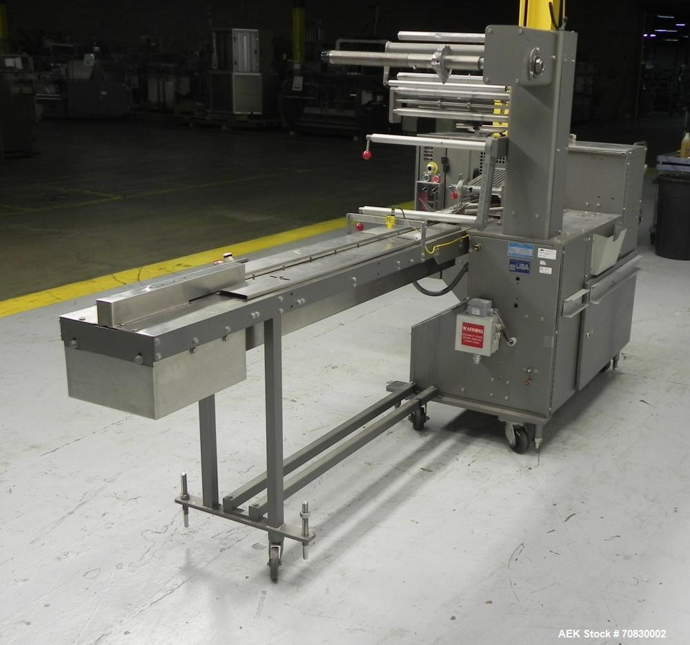 Used Doboy Mustang IV Horizontal Wrapper. Machine is capable of speeds up to 150 cpm. 2 up unit with film registration. Package size range: length up to 15", height up to 2-1/4", width up to 6-1/2". ...
