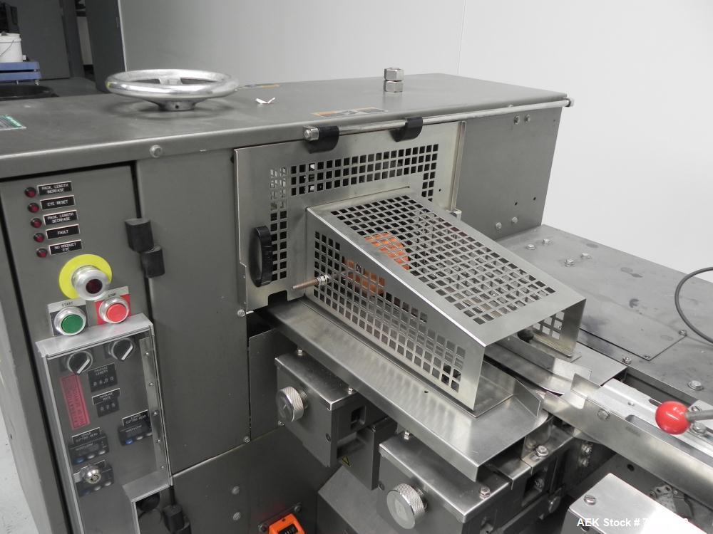 Used Doboy Mustang IV Horizontal Wrapper. Machine is capable of speeds up to 150 cpm. 2 up unit with film registration. Package size range: length up to 15", height up to 2-1/4", width up to 6-1/2". ...