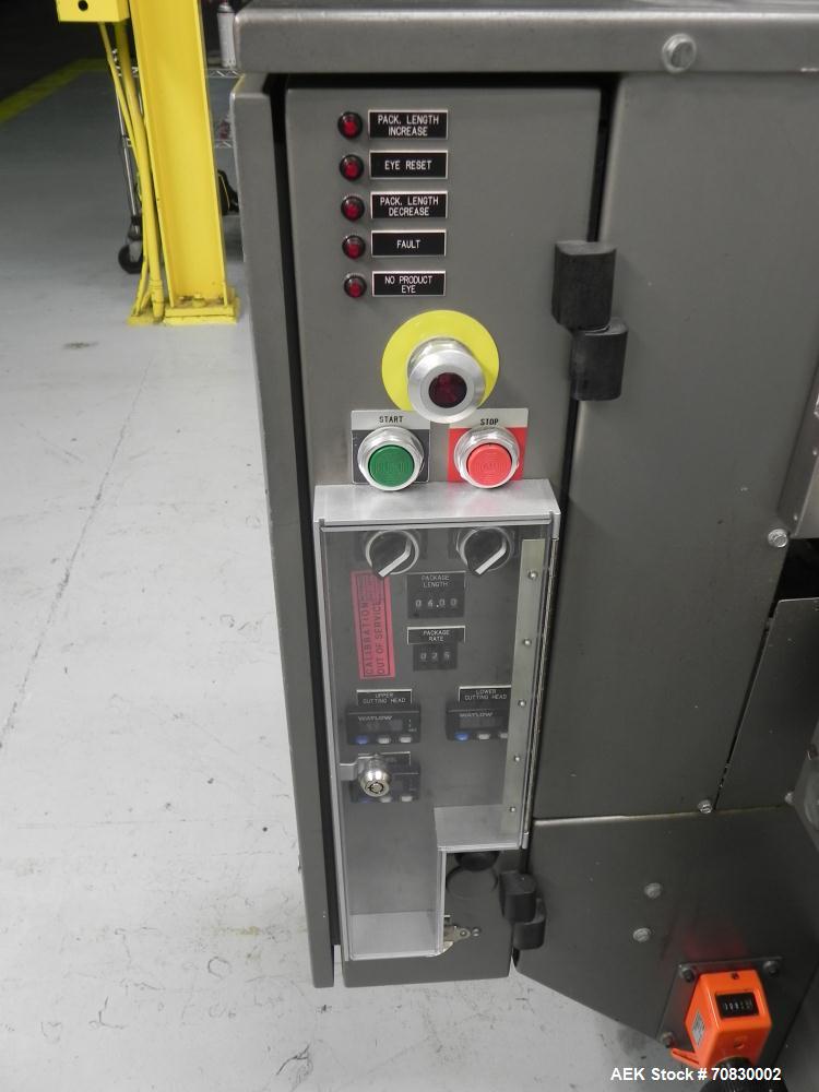 Used Doboy Mustang IV Horizontal Wrapper. Machine is capable of speeds up to 150 cpm. 2 up unit with film registration. Package size range: length up to 15", height up to 2-1/4", width up to 6-1/2". ...