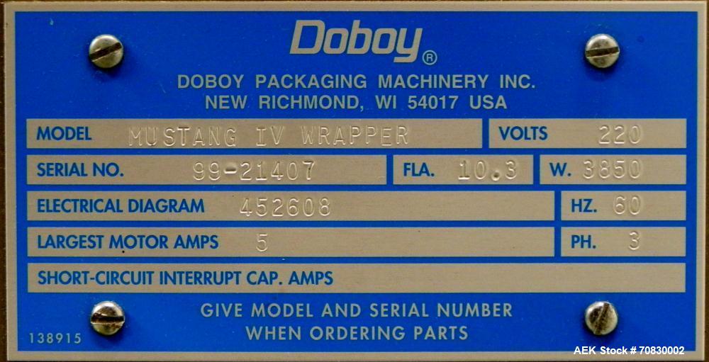 Used Doboy Mustang IV Horizontal Wrapper. Machine is capable of speeds up to 150 cpm. 2 up unit with film registration. Package size range: length up to 15", height up to 2-1/4", width up to 6-1/2". ...