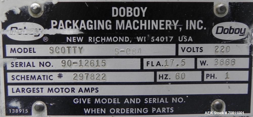Used Doboy Model Scotty II Horizontal Flow Wrapper. Machine is capable of speeds up to 60 packages per minute. Has 6' Long lugged Carrier Style chain infeed on 12” centers. Package size range: (lengt...