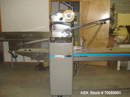 Used Doboy (Bosch) Horizontal Flow Wrapper, Model Stratus. Machine is capable of 20 to 75 packages per minute. Has two up crimping head. Has a package size range:4" - 18" length, a 1/2" - 8 1/4" widt...