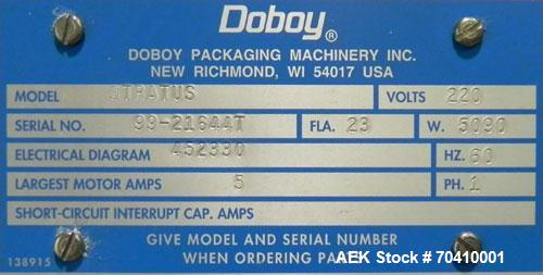 Used Bosch Doboy Model Stratus Horizontal Wrapper. Machine is capable of speeds from 20 to 150 packages per minute. Single up crimper 7" wide . Has a package size range: (Length) 4" to 14-3/4" or 100...