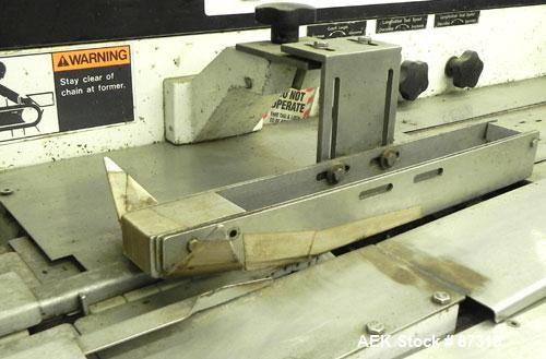 Used FMC Model WM20 SynchroFlo Horizontal Wrapper. Speeds up uo 300 packages per minute. 2 up cutting head, 1 1/2" wide x 7" long. Approximate 142" long lug chain infeed with carrier chain currently ...