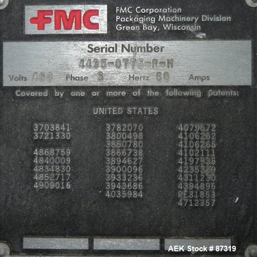 Used FMC Model WM20 SynchroFlo Horizontal Wrapper. Speeds up uo 300 packages per minute. 2 up cutting head, 1 1/2" wide x 7" long. Approximate 142" long lug chain infeed with carrier chain currently ...