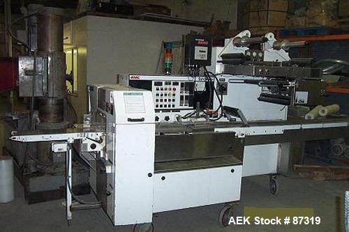 Used FMC Model WM20 SynchroFlo Horizontal Wrapper. Speeds up uo 300 packages per minute. 2 up cutting head, 1 1/2" wide x 7" long. Approximate 142" long lug chain infeed with carrier chain currently ...