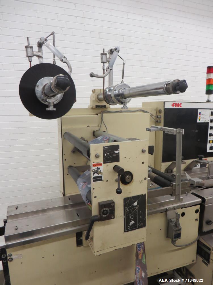 Used FMC Model WSD-20 Automatic stainless steel Servo Flo horizontal wrapper capable of speeds to 150 packages per minute  depending on materials and application. Package size: up to 18" in Length; u...