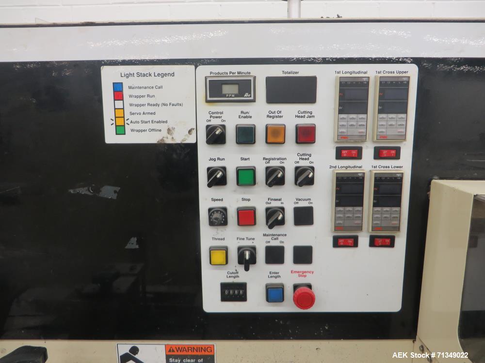 Used FMC Model WSD-20 Automatic stainless steel Servo Flo horizontal wrapper capable of speeds to 150 packages per minute  depending on materials and application. Package size: up to 18" in Length; u...