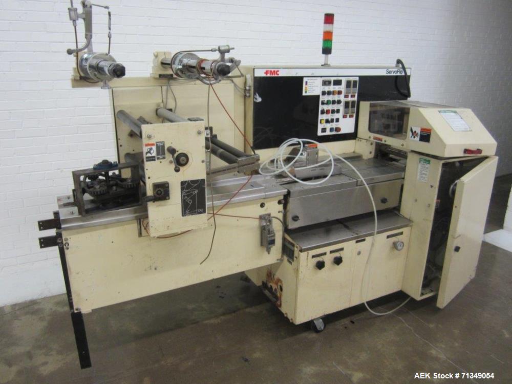 Used FMC Model WSD-20 Automatic Stainless Steel Servo Flo Horizontal Wrapper. PARTS MACHINE ONLY, MISSING INFEED.