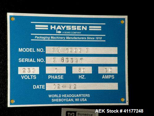 Used Hayssen Gas Fush Horizontal Wrapper, Model RT-1000 R. Capable of speeds up to 160 packages per minute. Inverted seal with Accutrac film feed system. Package size range: length 4.25" to 14", widt...