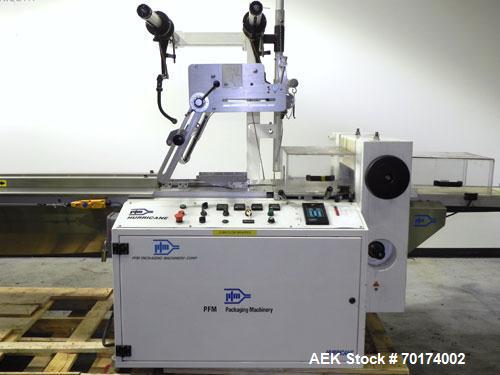 Used PFM Model Hurricane Horizontal Wrapper capable of speeds up to 100 packages per minute (150 with two up head). Has a package size range: length 15mm to 350mm, width 5mm to 320mm, height up to 10...