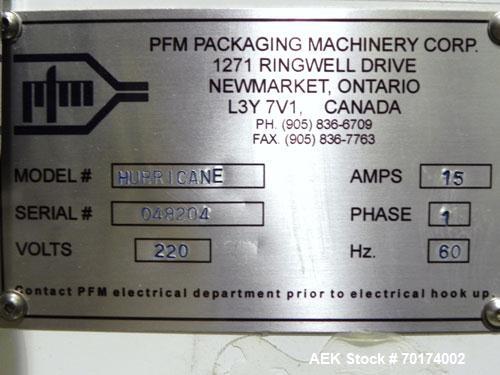 Used PFM Model Hurricane Horizontal Wrapper capable of speeds up to 100 packages per minute (150 with two up head). Has a package size range: length 15mm to 350mm, width 5mm to 320mm, height up to 10...