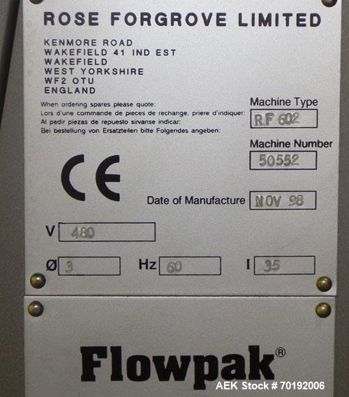 Used Rose Forgrove Integra Model RF602 Long Dwell Modified Atmosphere Horizontal Wrapper. Machine is capable of speeds up to 110 packages per minute. Has a package size range: (Width) 3/4" to 10", (H...