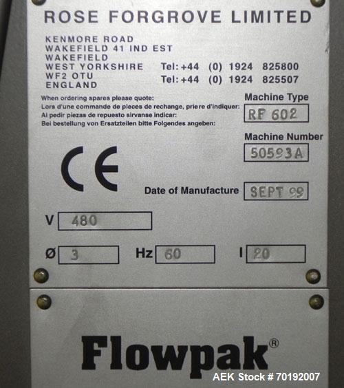 Used Rose Forgrove Integra Model RF602 Long Dwell Modified Atmosphere Horizontal Wrapper. Machine is capable of speeds up to 110 packages per minute. Has a package size range: (Width) 3/4" to 10", (H...