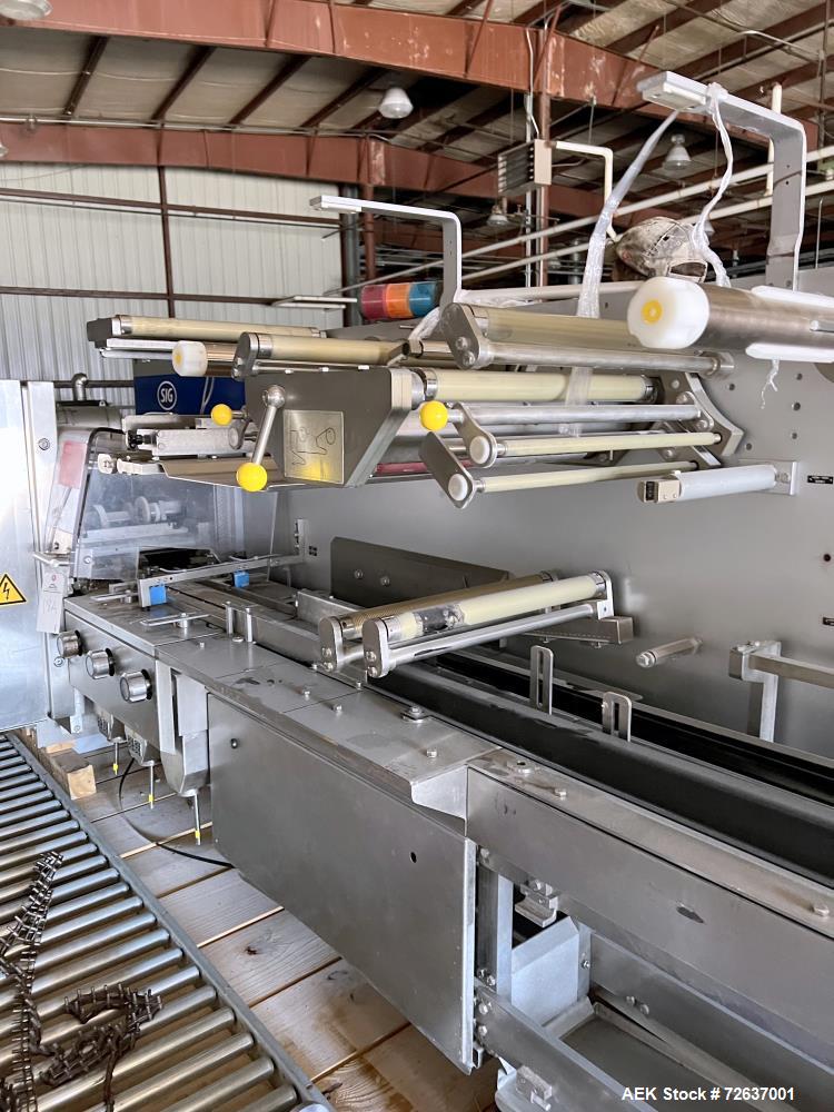 Used SIG Horizontal Flow Wrapper, Model HBM. Wrapper is rated for speeds from 50 to 350 packages per minute. Has a 7.5" serrated blade seal jaw for a package size range of 2" to 20" in length, up to ...