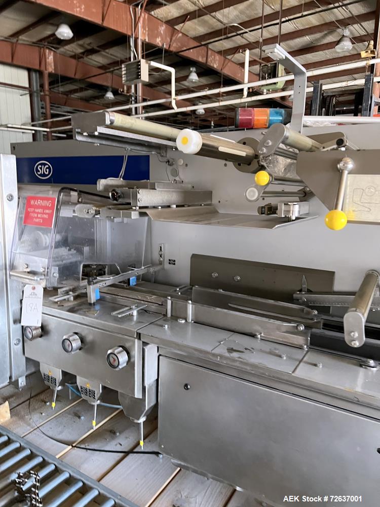 Used SIG Horizontal Flow Wrapper, Model HBM. Wrapper is rated for speeds from 50 to 350 packages per minute. Has a 7.5" serrated blade seal jaw for a package size range of 2" to 20" in length, up to ...