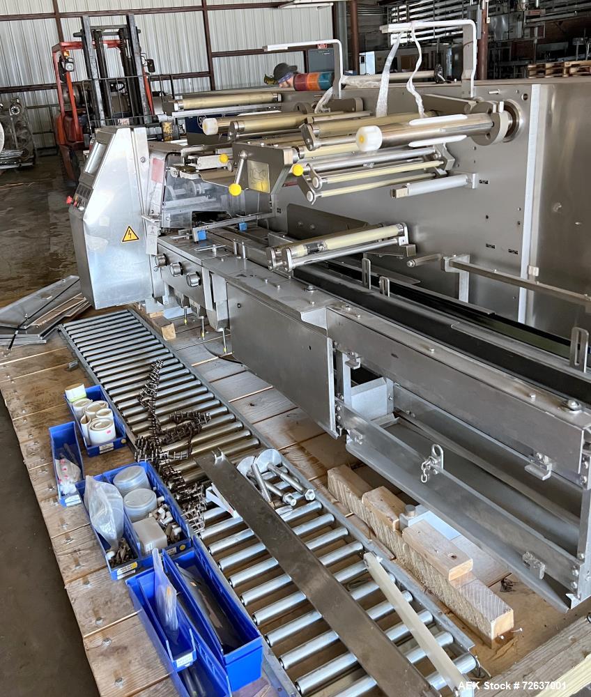 Used SIG Horizontal Flow Wrapper, Model HBM. Wrapper is rated for speeds from 50 to 350 packages per minute. Has a 7.5" serrated blade seal jaw for a package size range of 2" to 20" in length, up to ...