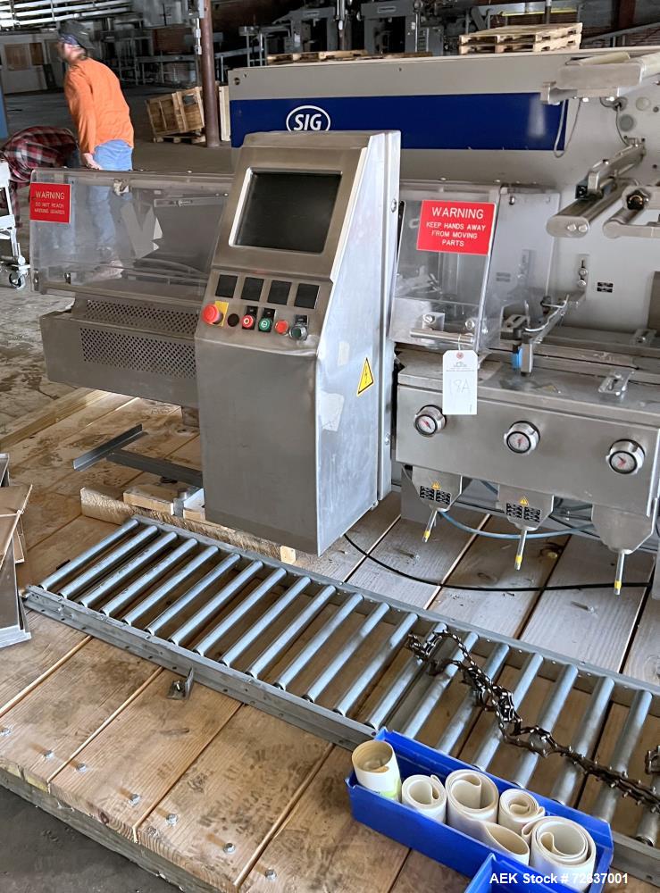 Used SIG Horizontal Flow Wrapper, Model HBM. Wrapper is rated for speeds from 50 to 350 packages per minute. Has a 7.5" serrated blade seal jaw for a package size range of 2" to 20" in length, up to ...
