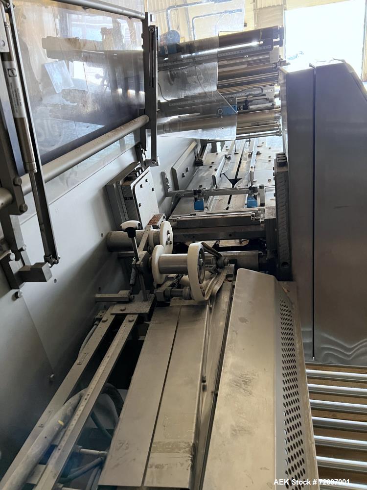 Used SIG Horizontal Flow Wrapper, Model HBM. Wrapper is rated for speeds from 50 to 350 packages per minute. Has a 7.5" serrated blade seal jaw for a package size range of 2" to 20" in length, up to ...